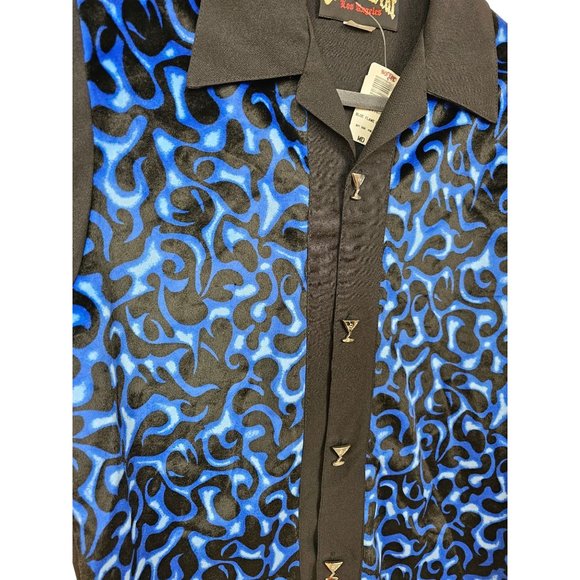 Classic Casino Wear Velour Blue Flame Martini Glass Button Rockabilly Shirt *NEW - Picture 2 of 10